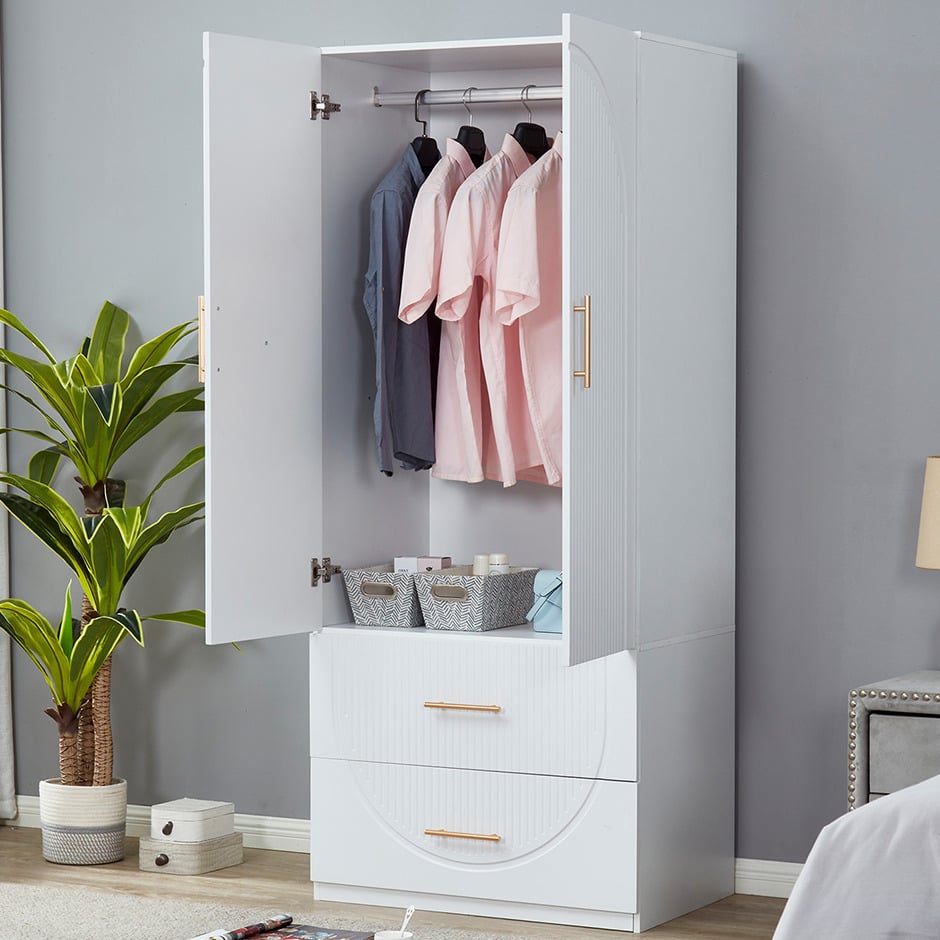 LivelyLodge 74.2" H White 2 Doors 2 Drawers Modern Wooden Armoire Wardrobe Bedroom Freestanding Closet Image 2