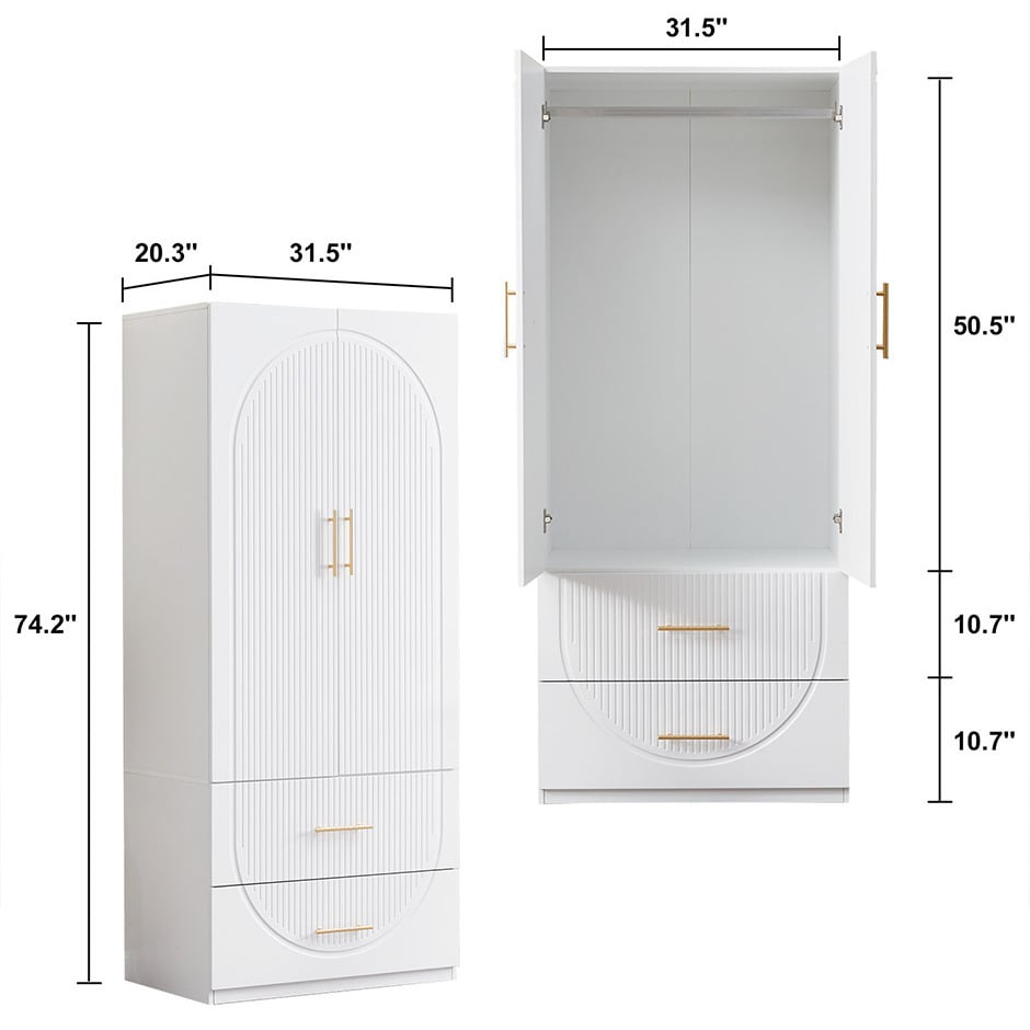 LivelyLodge 74.2" H White 2 Doors 2 Drawers Modern Wooden Armoire Wardrobe Bedroom Freestanding Closet Image 7