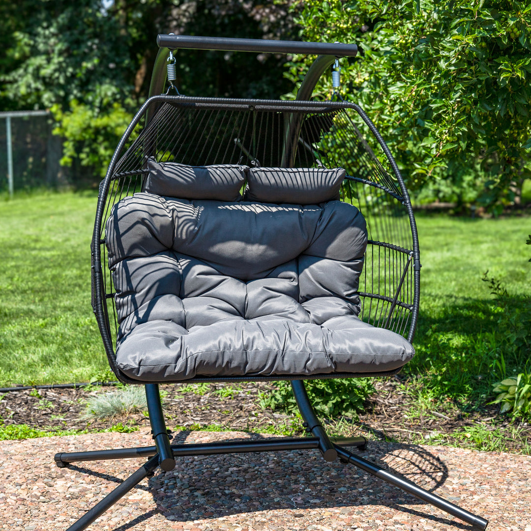 Sunnydaze Polyrattan Andrei Double Egg Chair with Cushion - Dark Gray Image 2