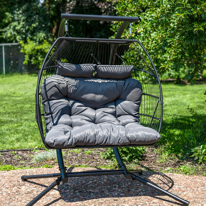 Sunnydaze Polyrattan Andrei Double Egg Chair with Cushion - Dark Gray Image 2