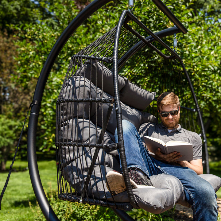 Sunnydaze Polyrattan Andrei Double Egg Chair with Cushion - Dark Gray Image 12