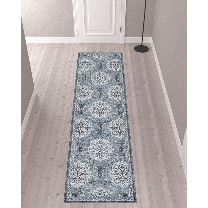 10 Blue Medallion Power Loom Runner Rug Image 3