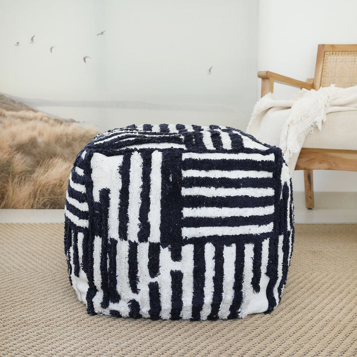 18" Beige Cotton Cube Striped Pouf Ottoman Image 4