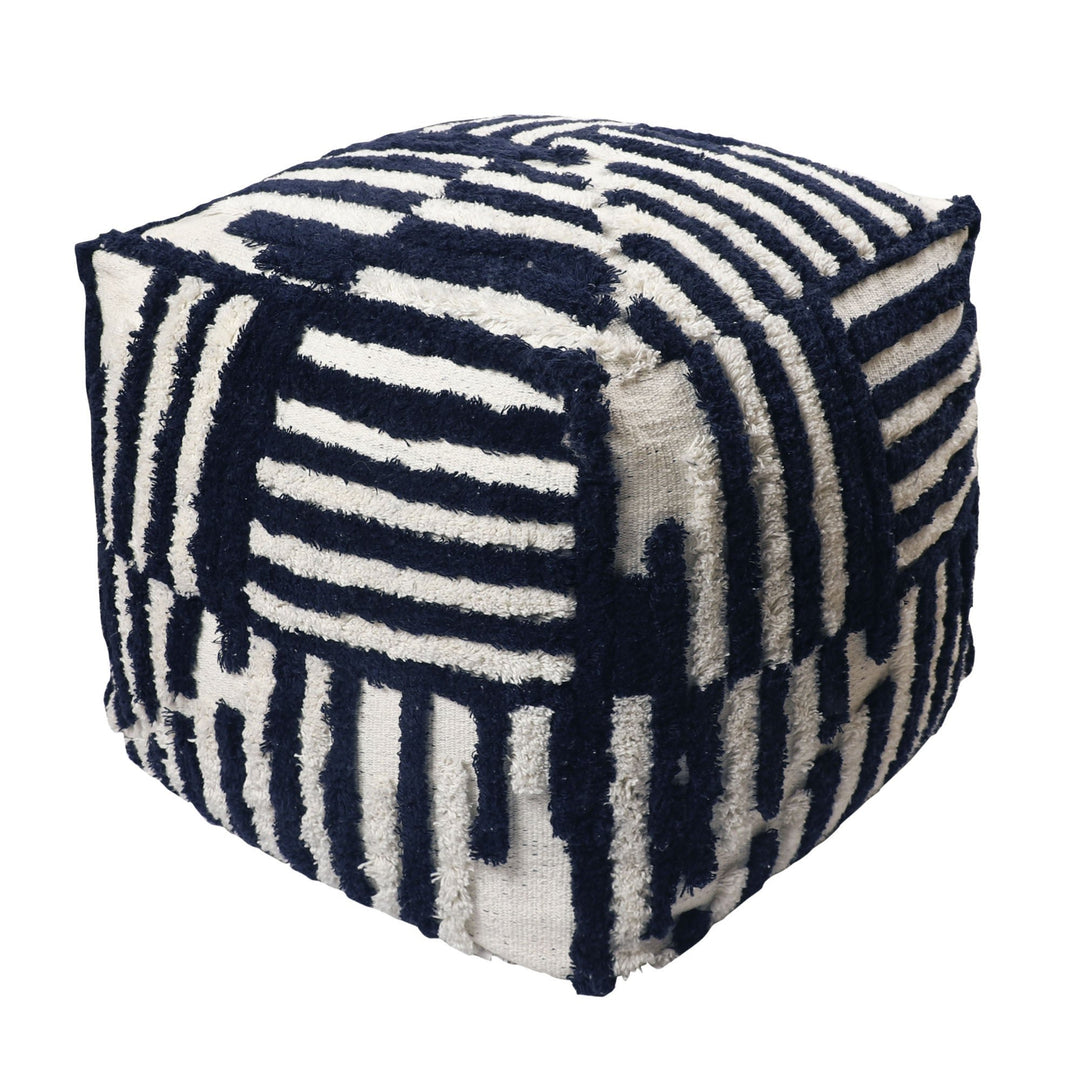 18" Beige Cotton Cube Striped Pouf Ottoman Image 5