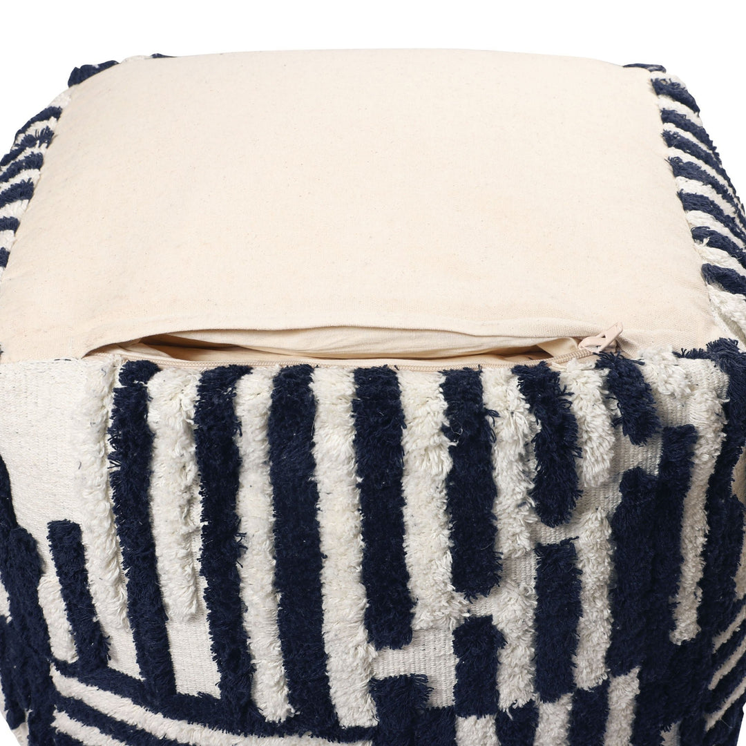 18" Beige Cotton Cube Striped Pouf Ottoman Image 6