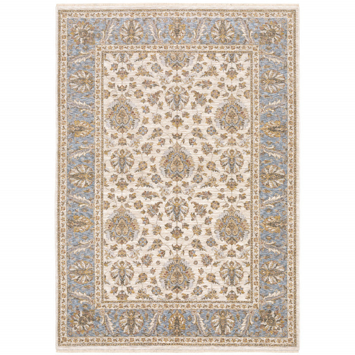 10 X 13 Ivory And Blue Oriental Power Loom Stain Resistant Area Rug With Fringe Image 1