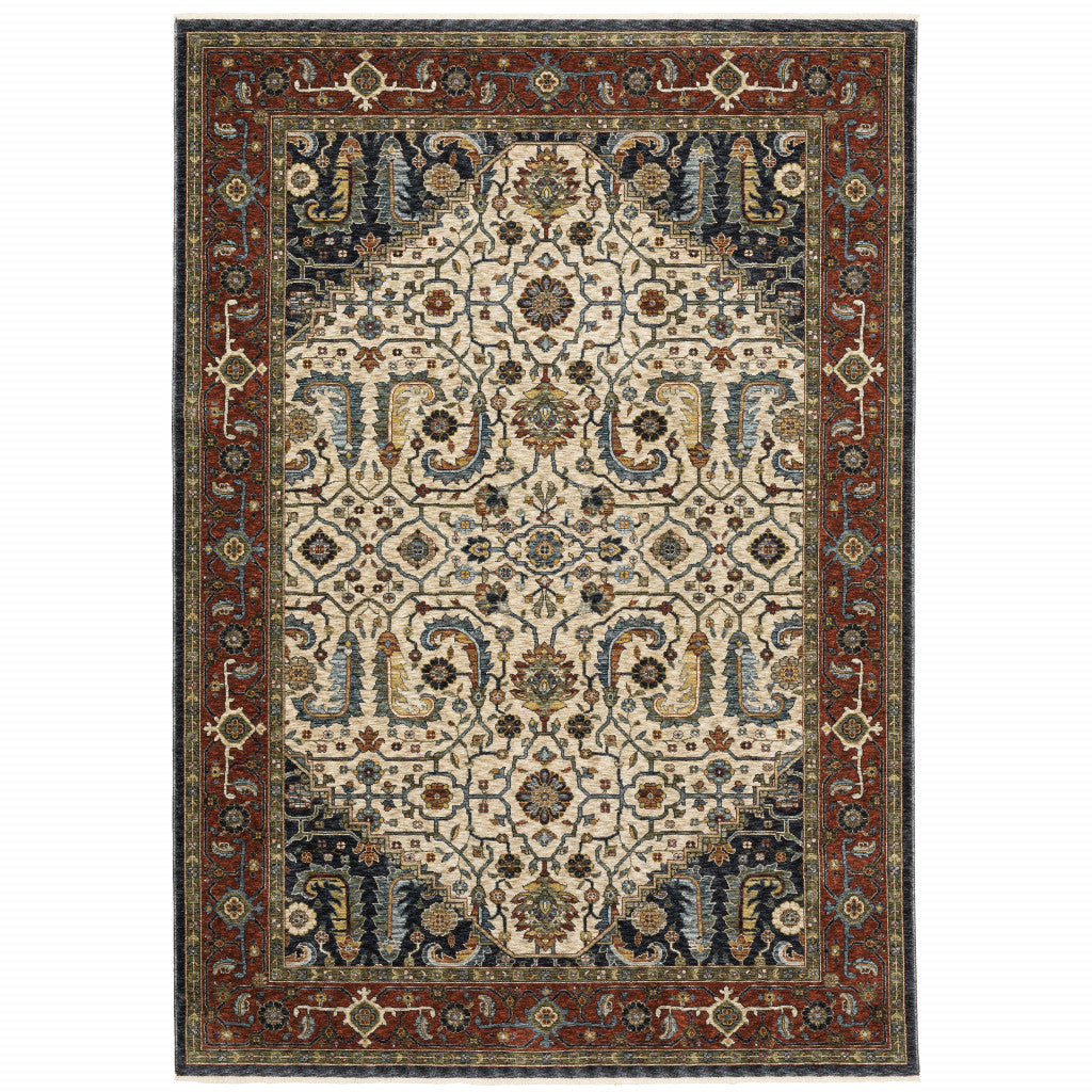 10 X 13 Ivory Beige Red Blue Gold Green And Navy Oriental Power Loom Stain Resistant Area Rug With Fringe Image 1