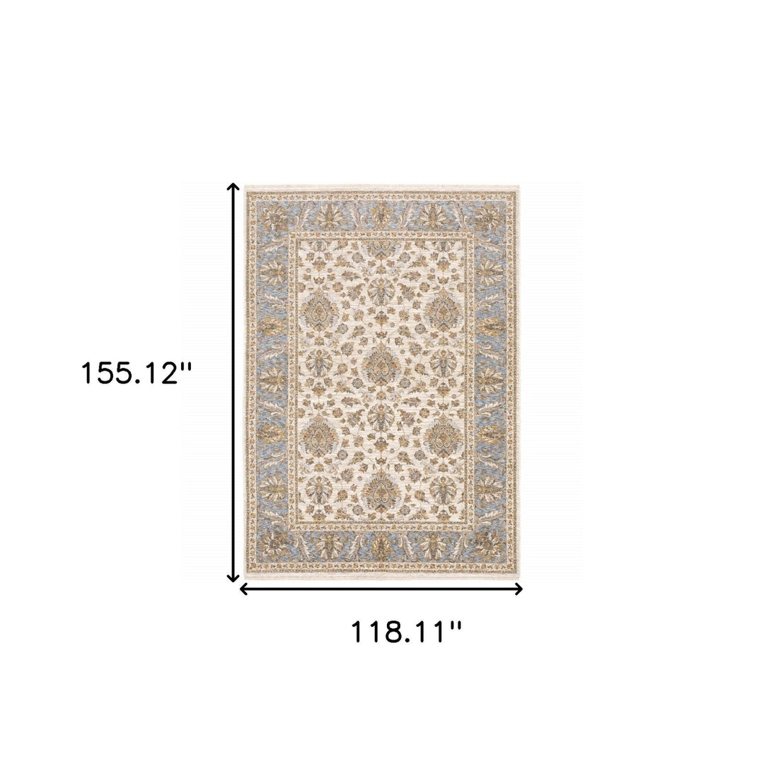 10 X 13 Ivory And Blue Oriental Power Loom Stain Resistant Area Rug With Fringe Image 11