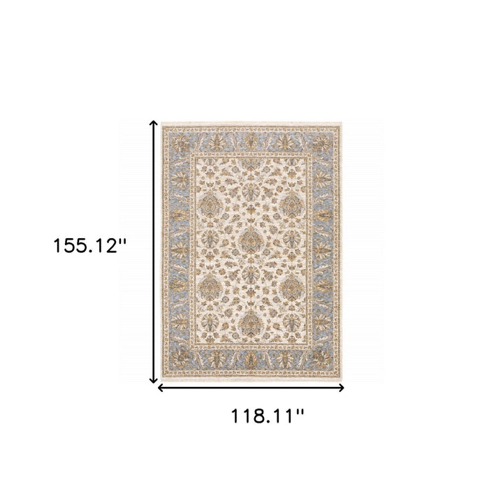 10 X 13 Ivory And Blue Oriental Power Loom Stain Resistant Area Rug With Fringe Image 11