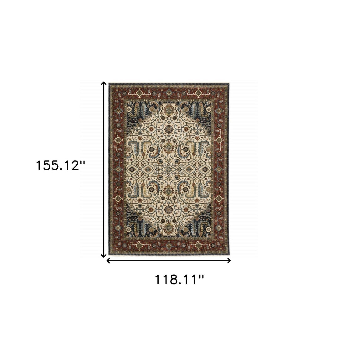 10 X 13 Ivory Beige Red Blue Gold Green And Navy Oriental Power Loom Stain Resistant Area Rug With Fringe Image 11