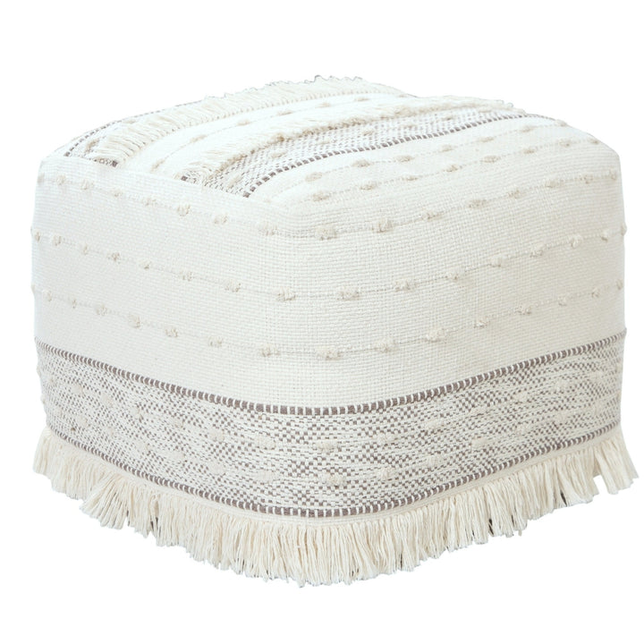 18" Cream Cotton Striped Pouf Ottoman Image 4