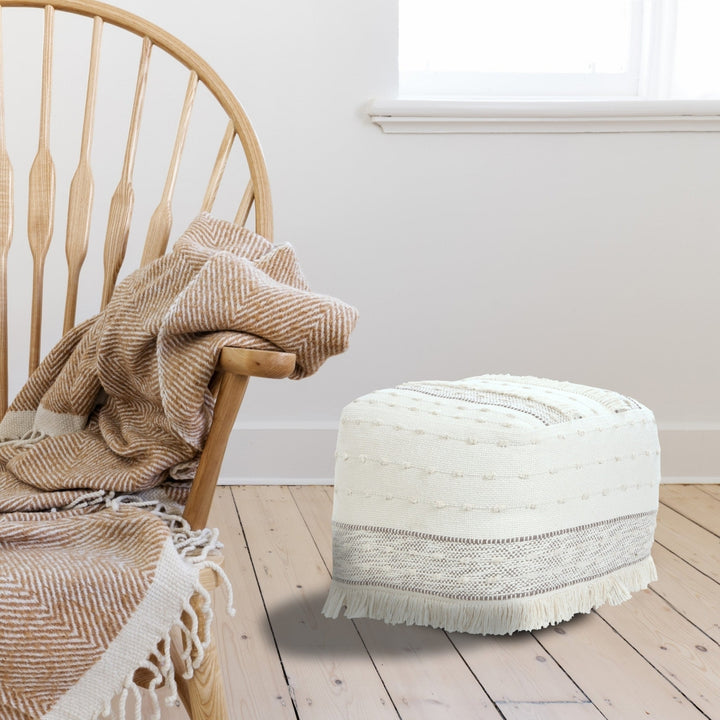 18" Cream Cotton Striped Pouf Ottoman Image 9