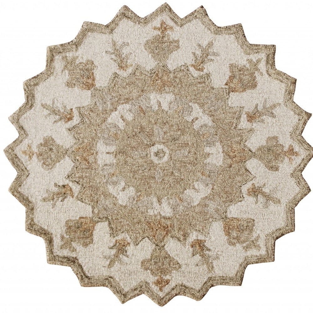 2 X 4 Tan and Beige Wool Medallion Hand Woven Half Circle Area Rug Image 4