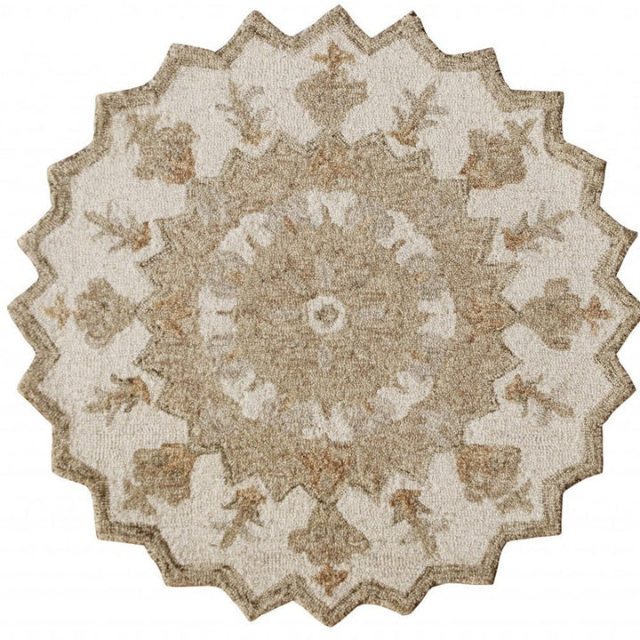 2 X 4 Tan and Beige Wool Medallion Hand Woven Half Circle Area Rug Image 1