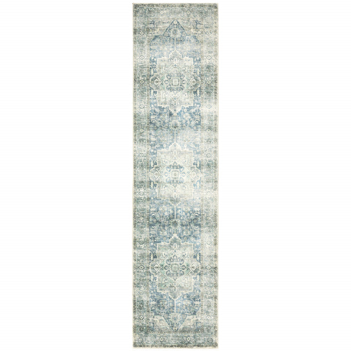 2 X 8 Grey Blue And Ivory Oriental Power Loom Stain Resistant Runner Rug Image 1