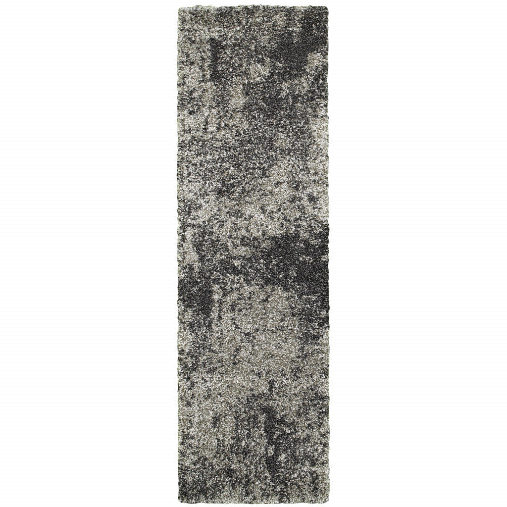 2 X 8 Charcoal Silver And Grey Abstract Shag Power Loom Stain Resistant Runner Rug Image 1