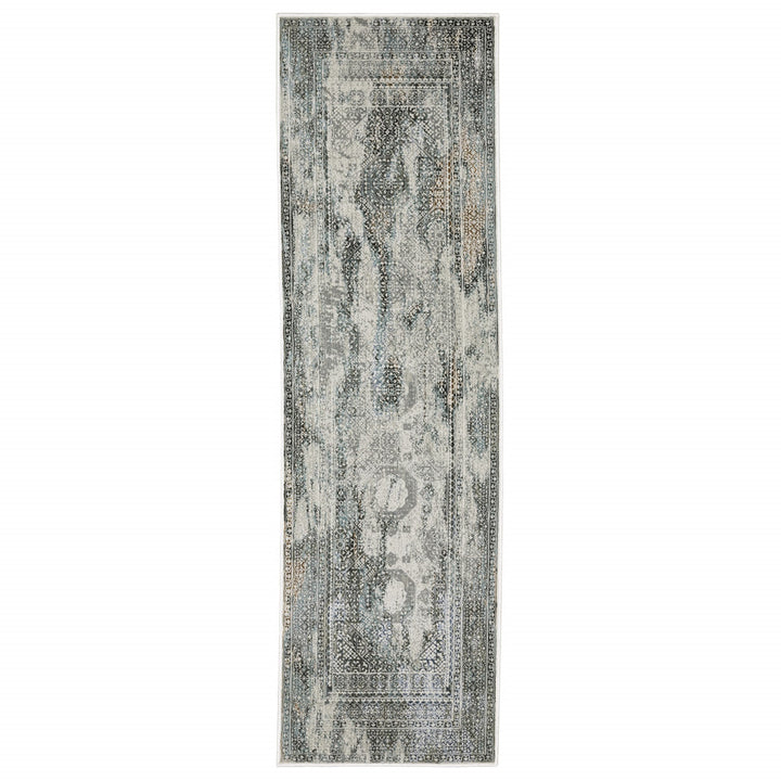 2 X 8 Ivory Grey Charcoal Blue And Rust Oriental Power Loom Stain Resistant Runner Rug Image 1