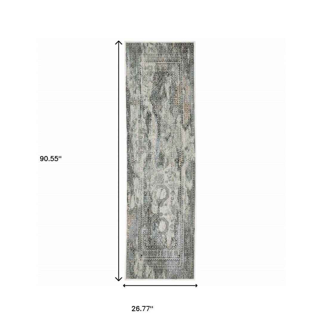 2 X 8 Ivory Grey Charcoal Blue And Rust Oriental Power Loom Stain Resistant Runner Rug Image 4