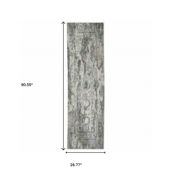 2 X 8 Ivory Grey Charcoal Blue And Rust Oriental Power Loom Stain Resistant Runner Rug Image 4