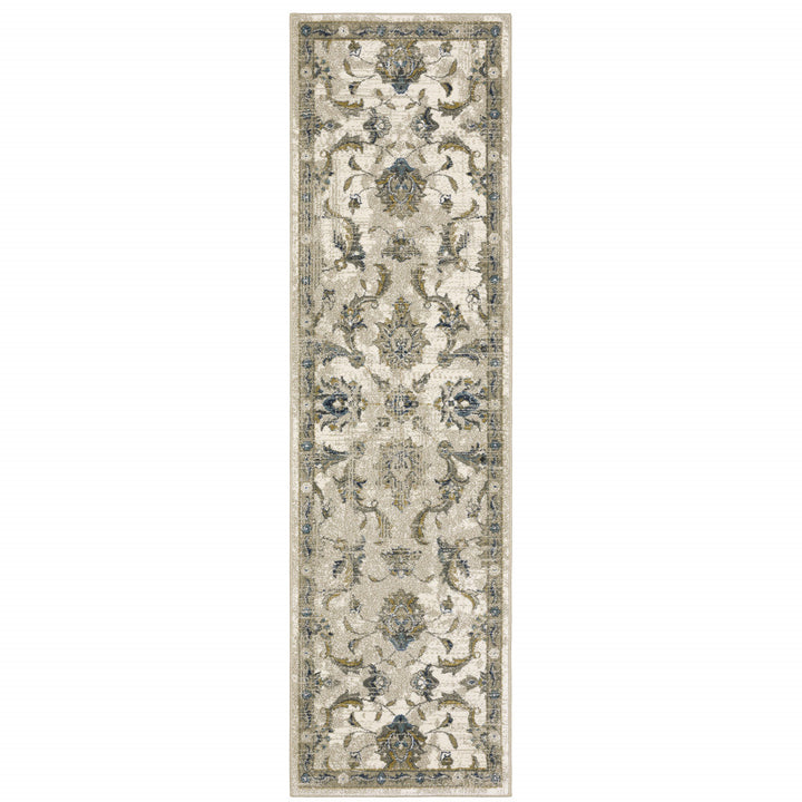 2 X 8 Beige Gold Blue And Grey Oriental Power Loom Stain Resistant Runner Rug Image 1