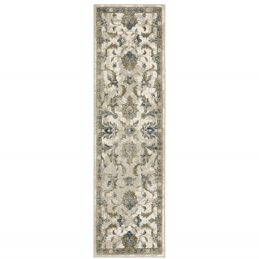 2 X 8 Beige Gold Blue And Grey Oriental Power Loom Stain Resistant Runner Rug Image 1