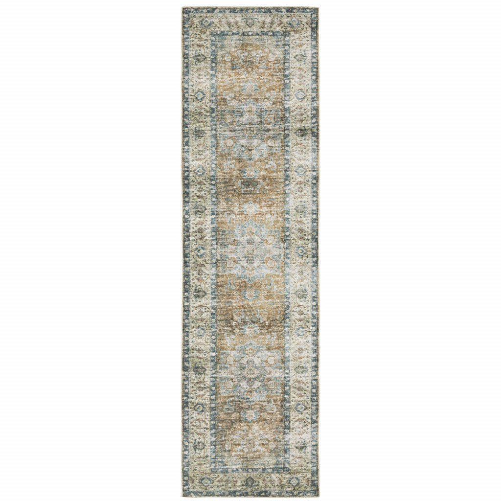 2 X 8 Blue Gold Brown Green And Salmon Oriental Printed Stain Resistant Non Skid Runner Rug Image 1