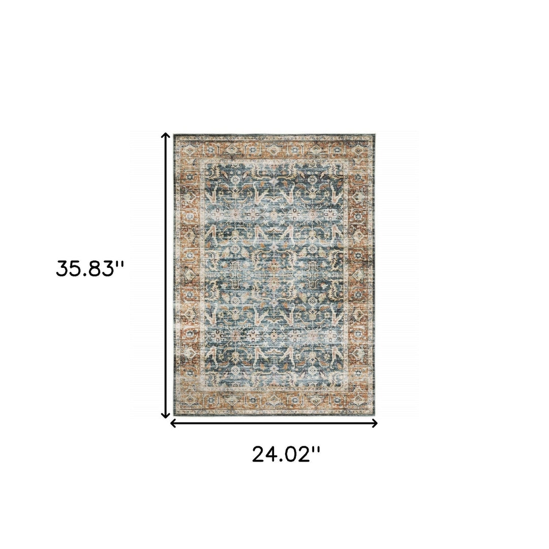 2 X 3 Blue Rust Gold And Olive Oriental Printed Stain Resistant Non Skid Area Rug Image 9