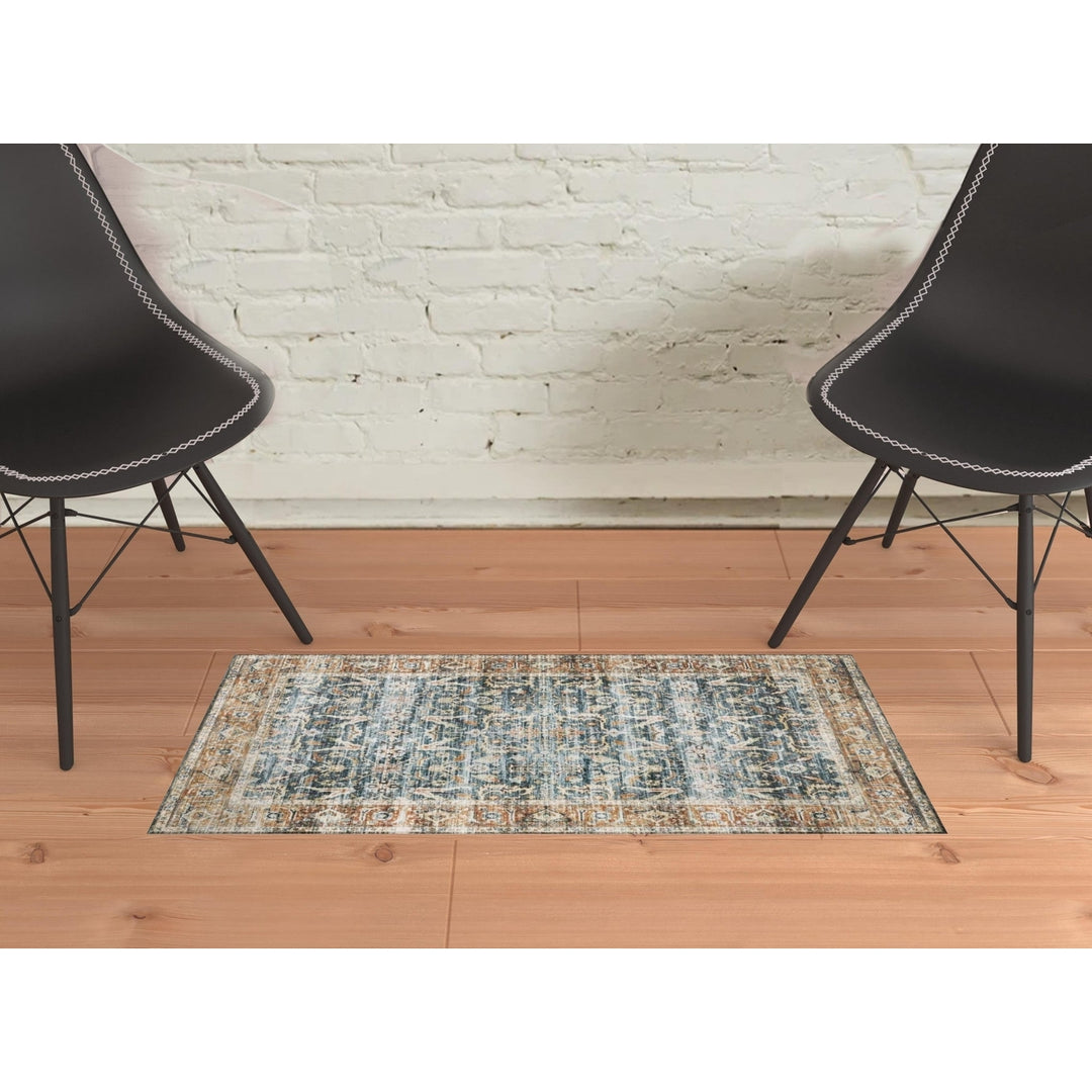 2 X 3 Blue Rust Gold And Olive Oriental Printed Stain Resistant Non Skid Area Rug Image 10