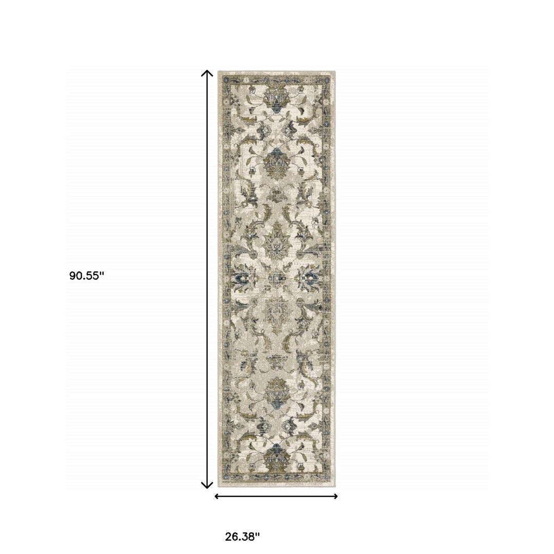 2 X 8 Beige Gold Blue And Grey Oriental Power Loom Stain Resistant Runner Rug Image 9