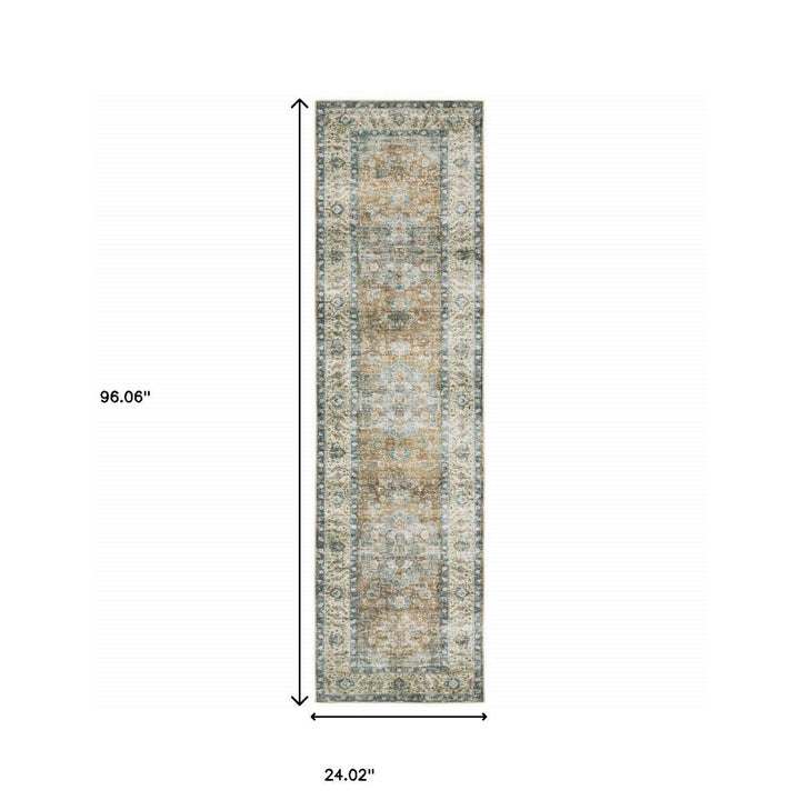 2 X 8 Blue Gold Brown Green And Salmon Oriental Printed Stain Resistant Non Skid Runner Rug Image 9