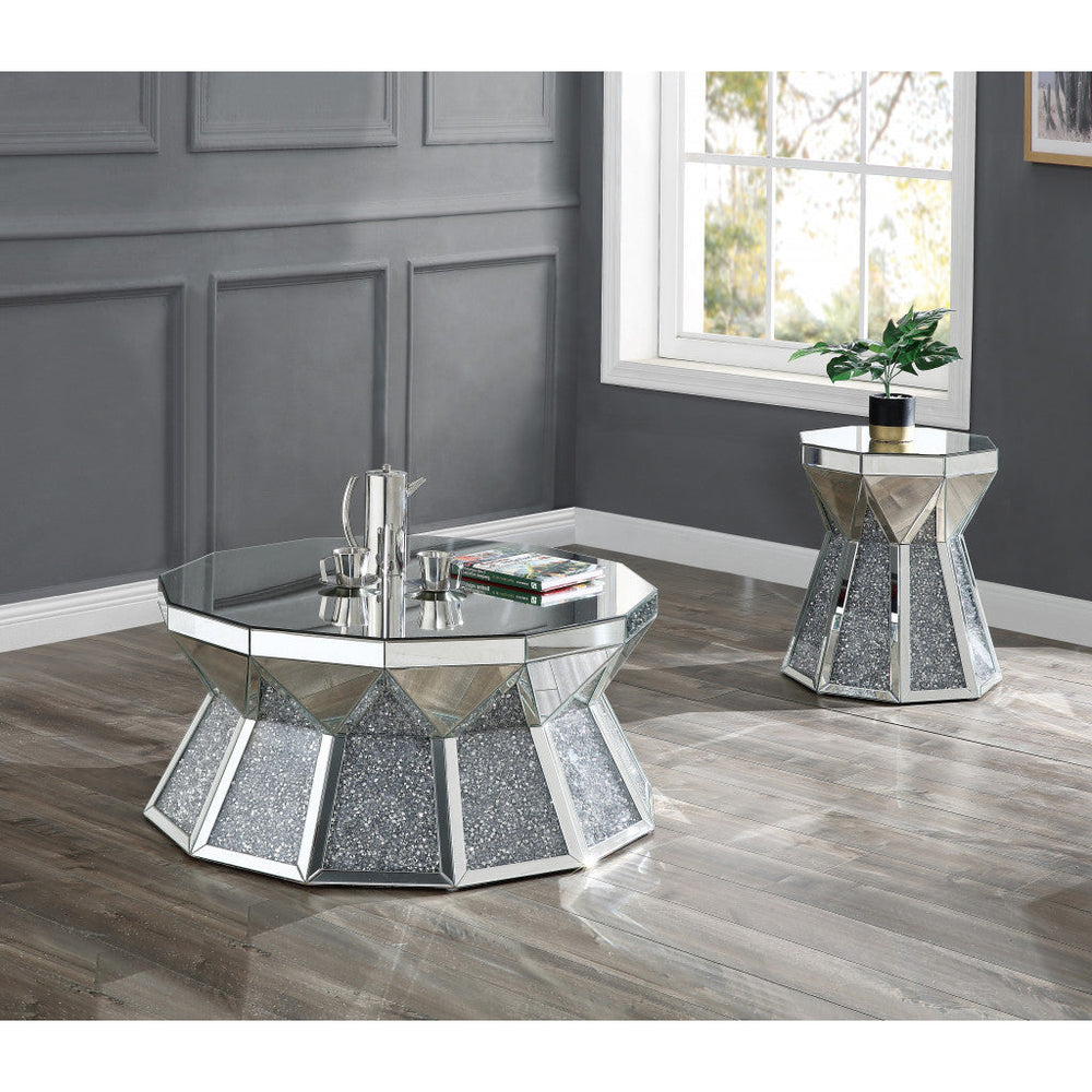 24" Gray And Silver Mirrored Round Mirrored End Table Image 2