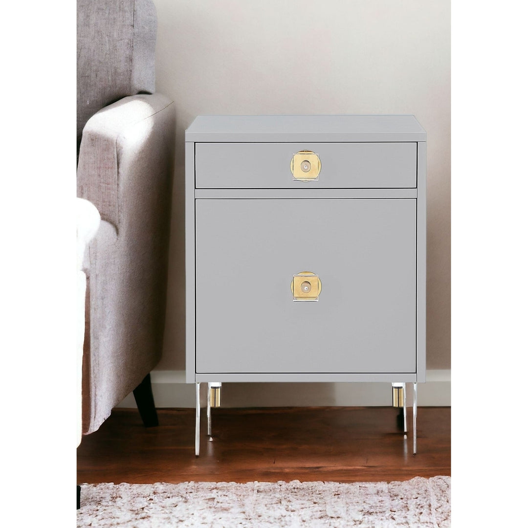 26" Clear and Light Gray End Table with Drawer and shelf Image 9