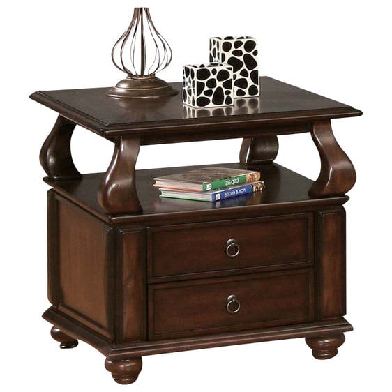 26" Brown Solid Wood Square End Table With Two Drawers And Shelf Image 1