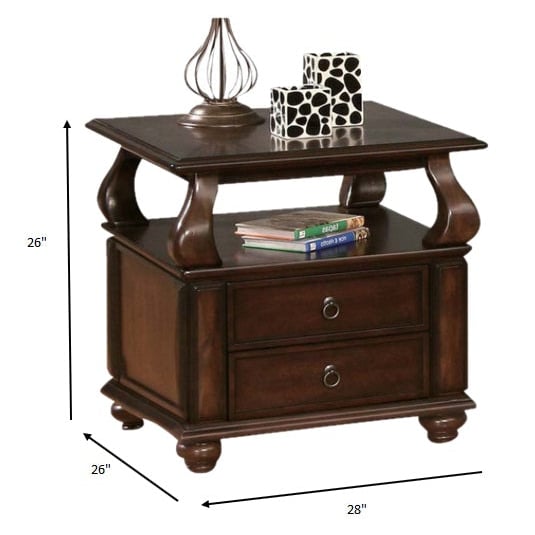 26" Brown Solid Wood Square End Table With Two Drawers And Shelf Image 4