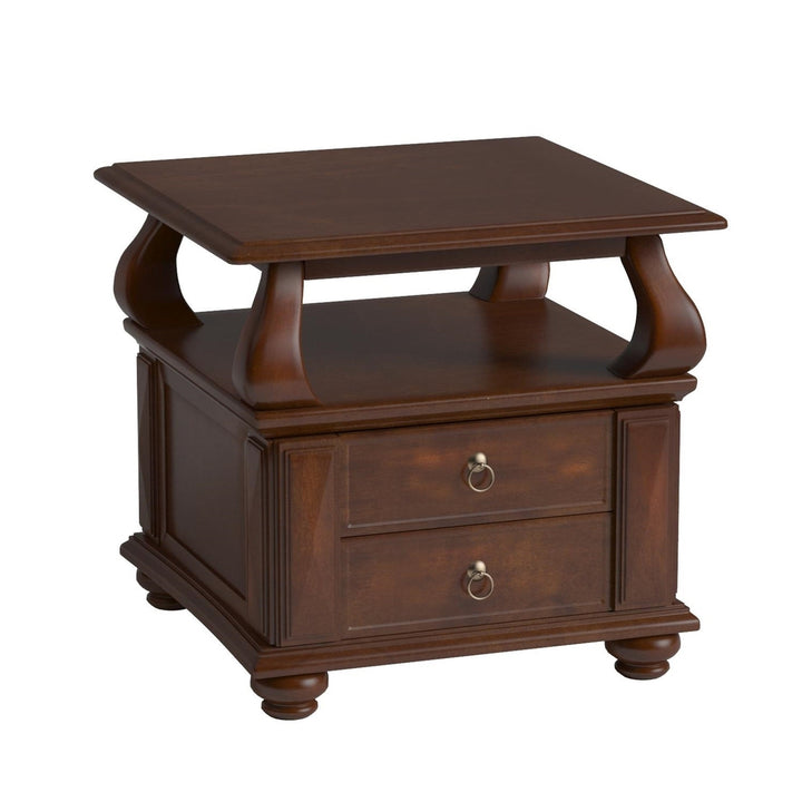 26" Brown Solid Wood Square End Table With Two Drawers And Shelf Image 6