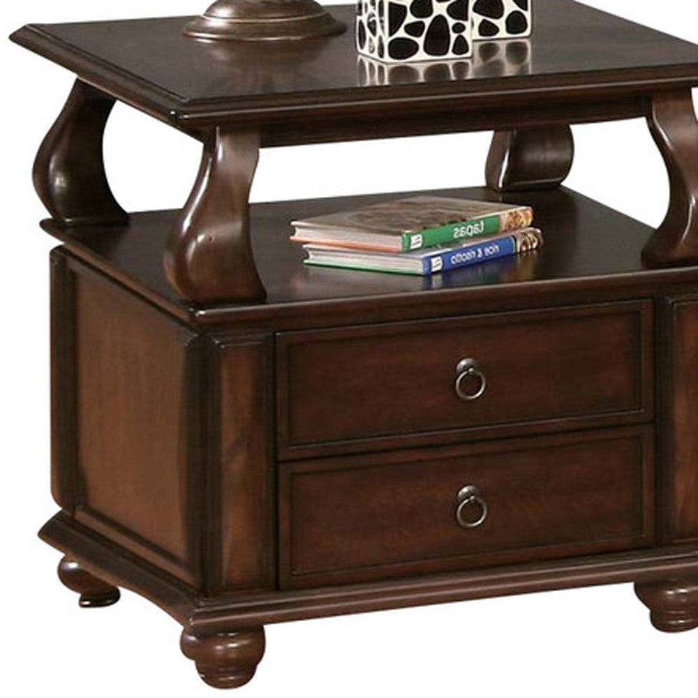 26" Brown Solid Wood Square End Table With Two Drawers And Shelf Image 8