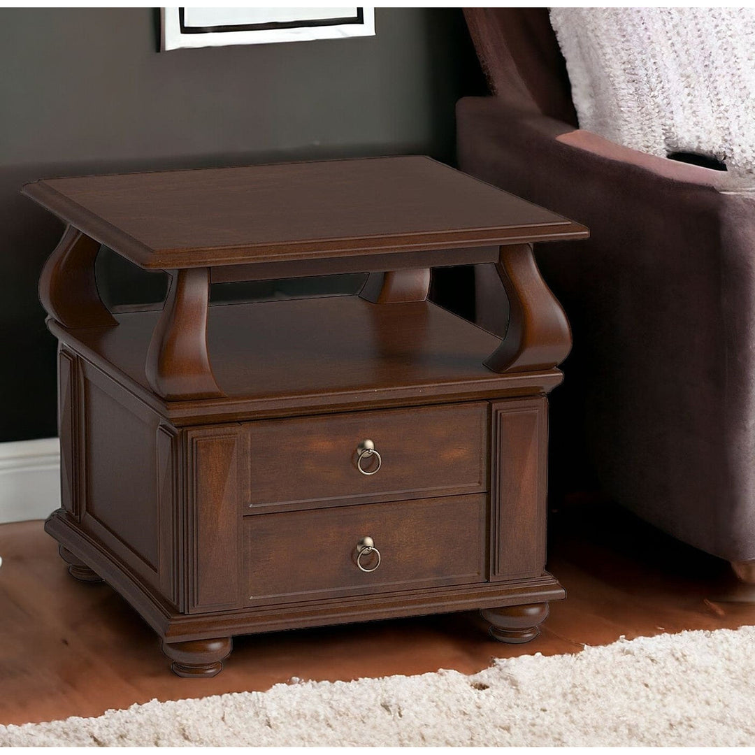 26" Brown Solid Wood Square End Table With Two Drawers And Shelf Image 9