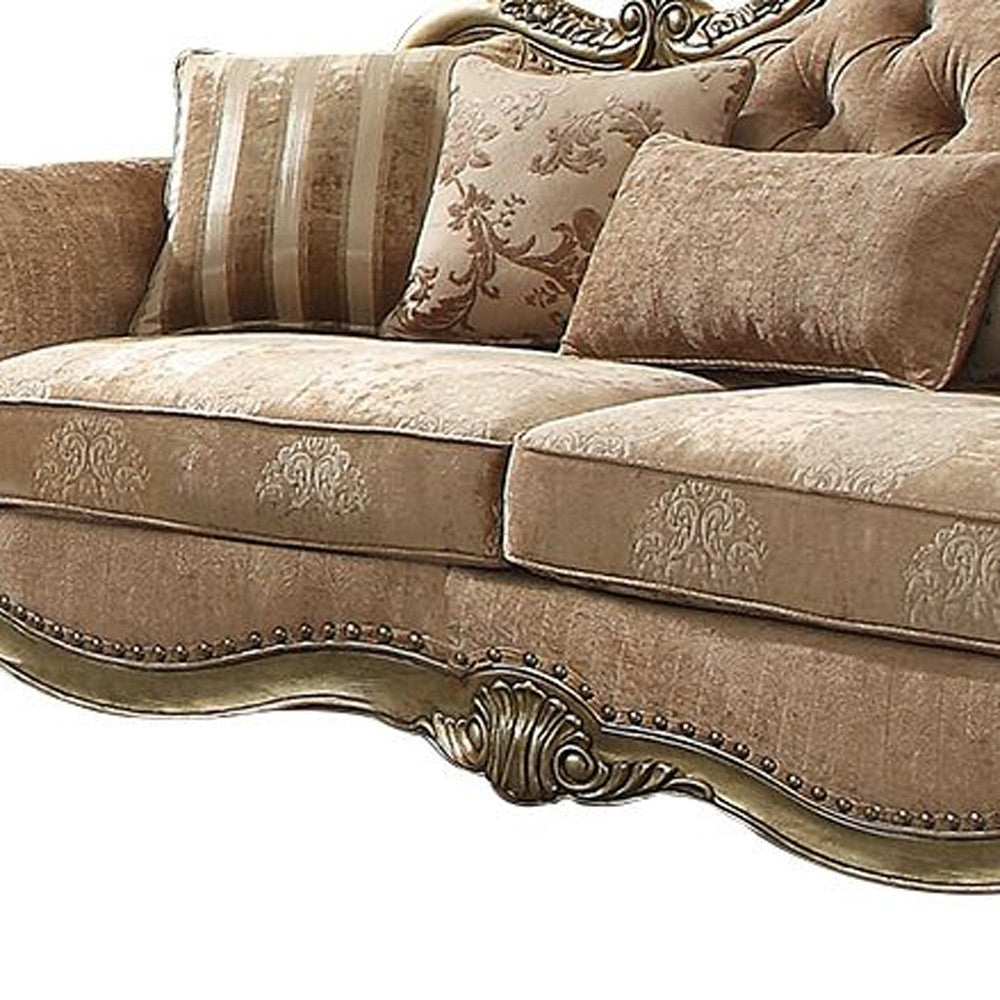 35" Brown Velvet Floral Sofa And Toss Pillows With Champagne Legs Image 3