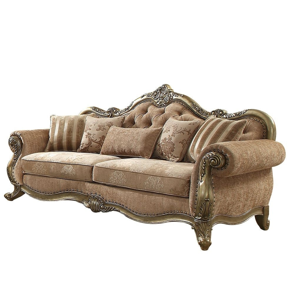 35" Brown Velvet Floral Sofa And Toss Pillows With Champagne Legs Image 10