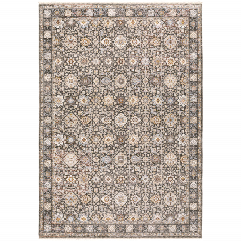 3 X 5 Grey And Ivory Oriental Power Loom Stain Resistant Area Rug With Fringe Image 1