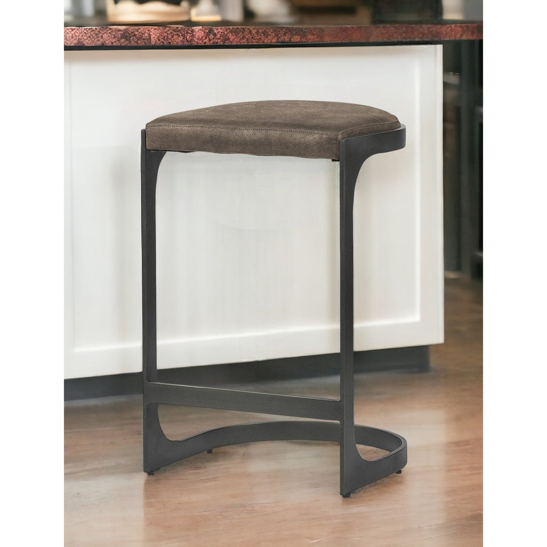 29" Brown Leather And Iron Backless Counter Height Bar Chair Image 7