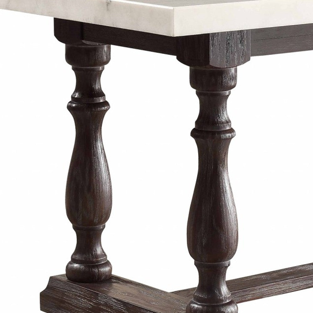 38" White And Gray Marble And Solid Wood Trestle Base Dining Image 4