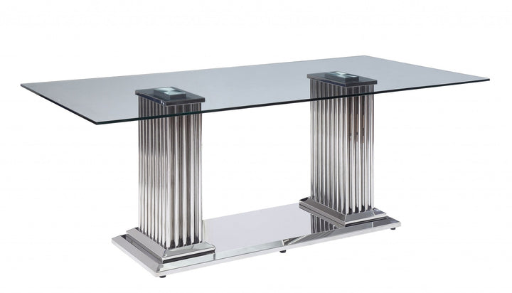 39" Clear And Silver Glass And Stainless Steel Trestle Base Dining Image 1