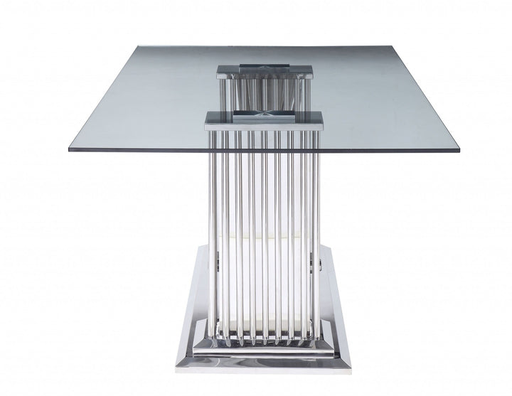 39" Clear And Silver Glass And Stainless Steel Trestle Base Dining Image 3