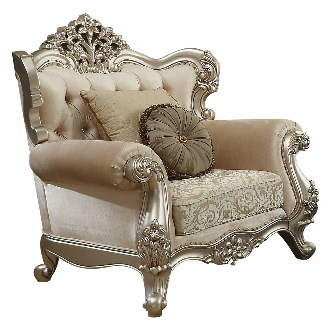 39" Champagne And Silver Fabric Damask Chair and a Half And Toss Pillows Image 1