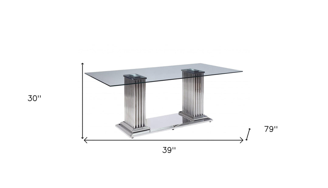 39" Clear And Silver Glass And Stainless Steel Trestle Base Dining Image 4