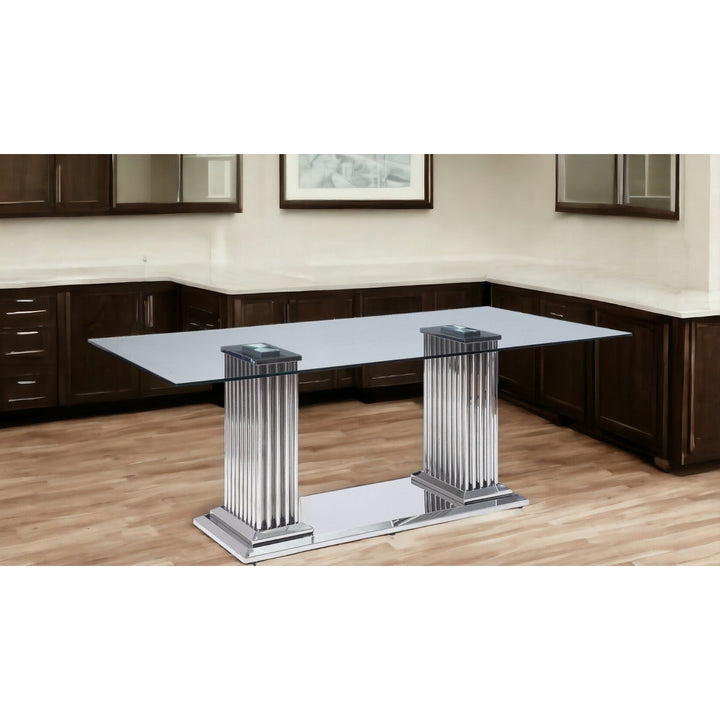 39" Clear And Silver Glass And Stainless Steel Trestle Base Dining Image 7