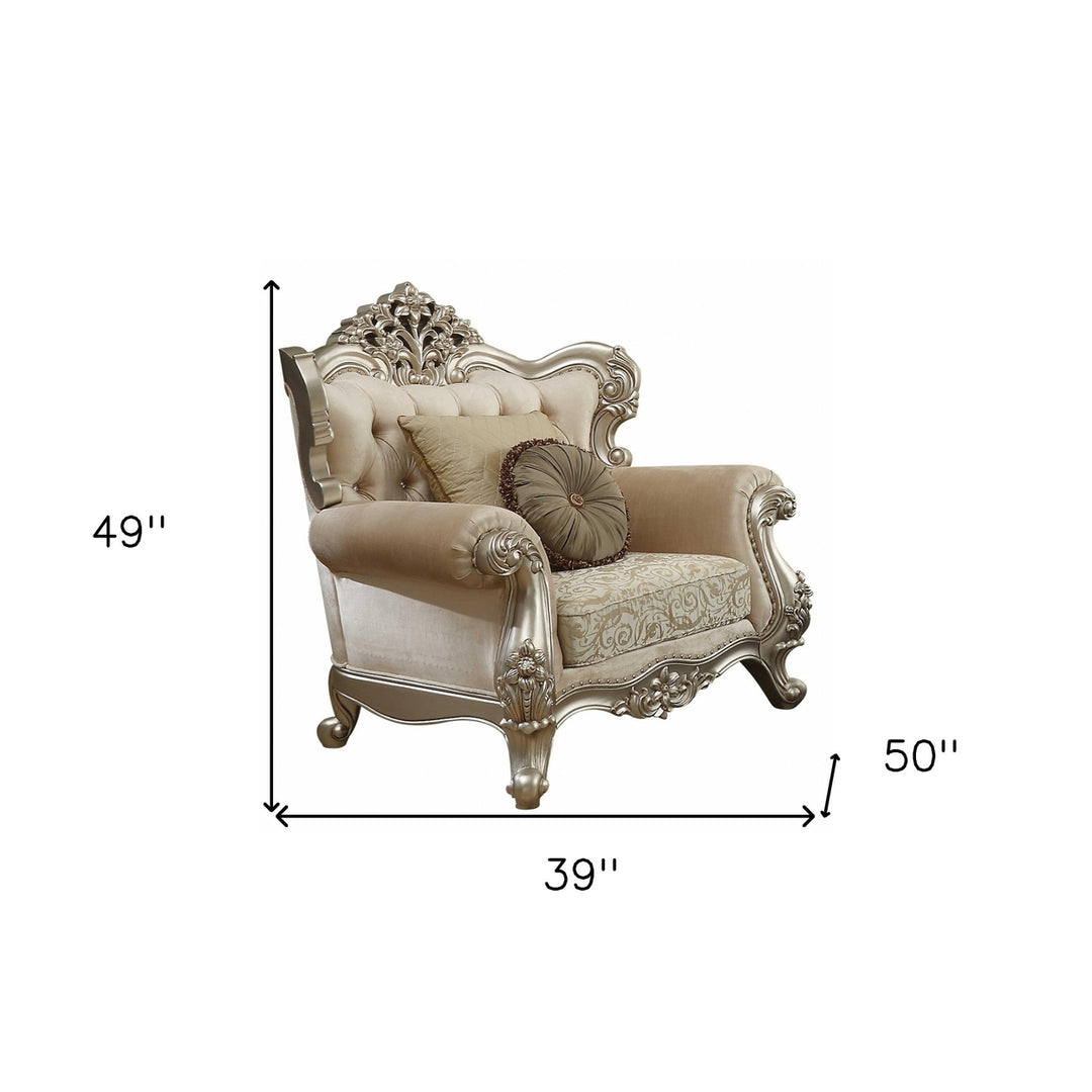 39" Champagne And Silver Fabric Damask Chair and a Half And Toss Pillows Image 2