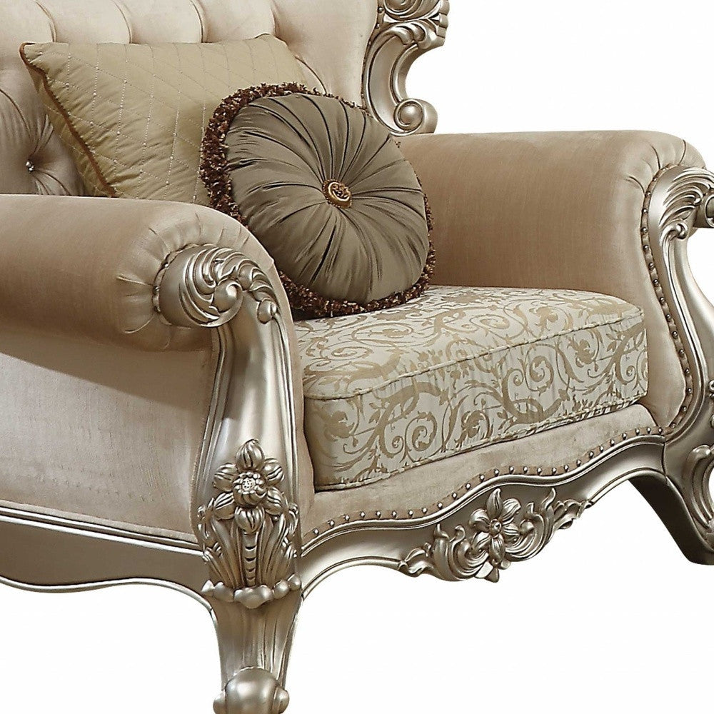 39" Champagne And Silver Fabric Damask Chair and a Half And Toss Pillows Image 3