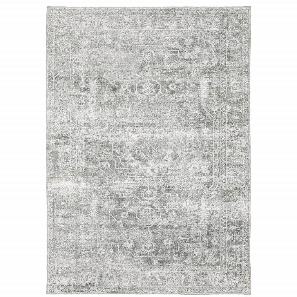 4 X 6 Sage Green Grey Ivory And Silver Oriental Printed Stain Resistant Non Skid Area Rug Image 1